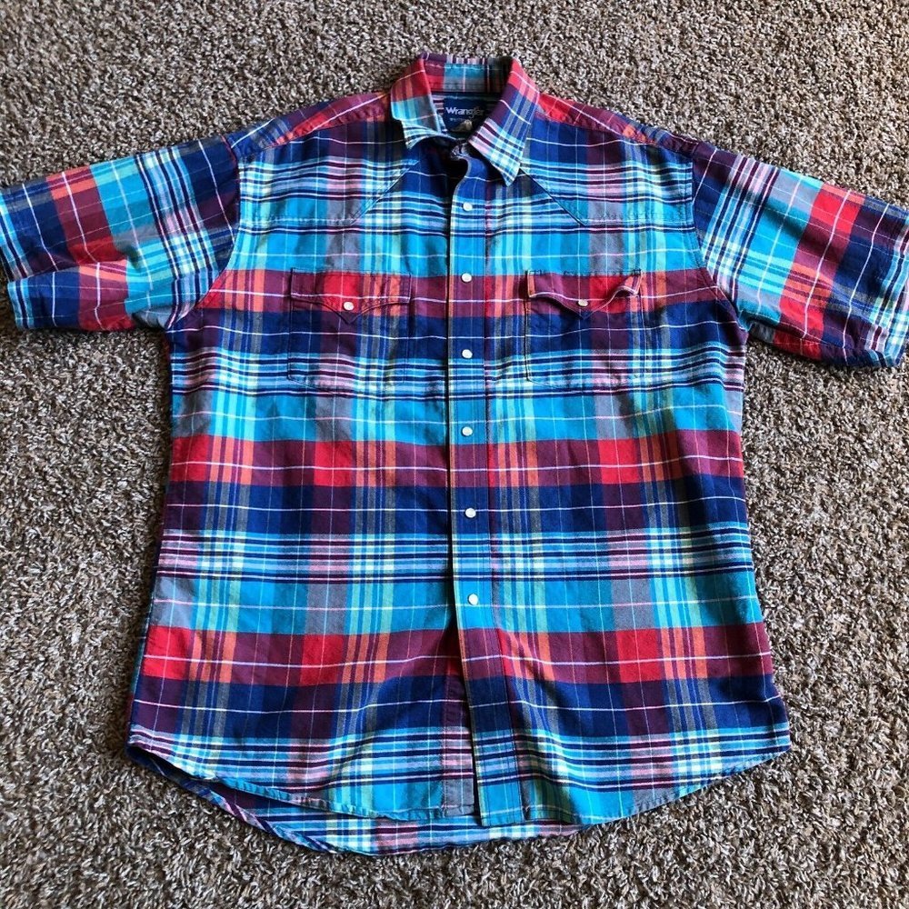 Wrangler Shirt Adult Medium Red Blue Plaid Western Snap Button Up Casual Mens